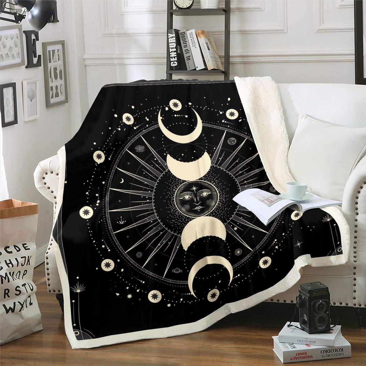 Loussiesd Sun and Moon Throw Blanket Man Woman Adults Boho Exotic Fleece Blankets Bohemian Style Sherpa Blanket Hippie Design Plush Blanketsfor Couch Bed Sofa Fuzzy Blanket Single 50"x60"