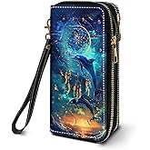 FVAENDHIO Women's Large Capacity Wallet PU Leather Double Zipper Clutch Purse Multifunctional Wallet with Removable Wristlet Strap for Smart Phone/Coin/Card/Cash, Dream Catcher Dolphin