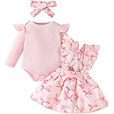 FYMNSI Baby Girls Fall Outfit Bow Print Ruffle Romper Suspender Tutu Skirt Headband 3PCS Infant Toddler Christmas Dresses