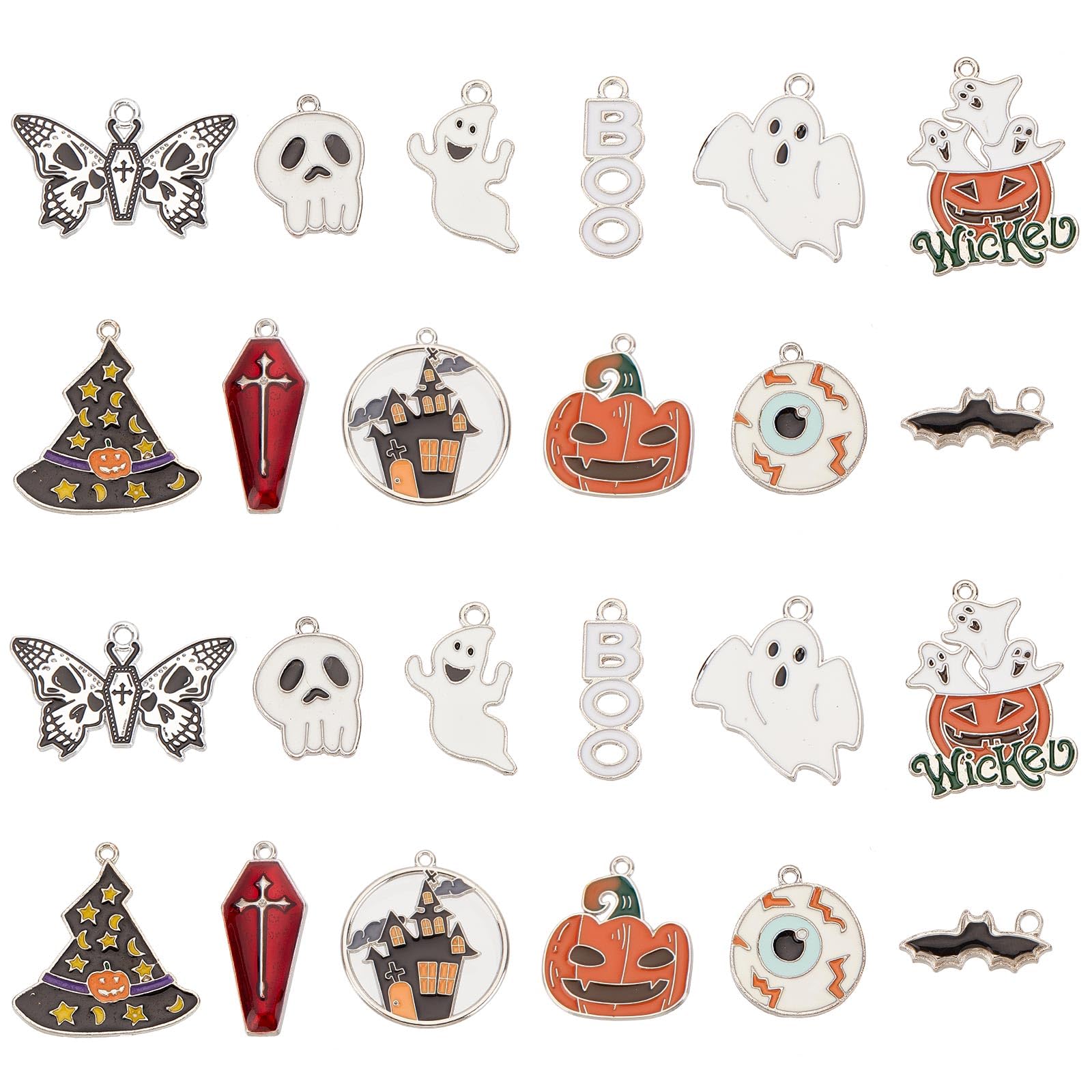 SUNNYCLUE 1 Box 24Pcs 12 Styles Halloween Charm Ghost Charm Bulk Gothic Charm Pumpkin Ghost Coffin Cross Skull Black Bat Charm for jewellery Making Charms DIY Craft Halloween Party Decor Silver
