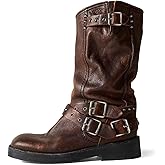 Agodor Brown Women's Mid Calf Boots Chunky Low Heel Riding Buckle Boot for Women Squared Toe Motorcycle Boots Slip On Riding Biker Booties US8