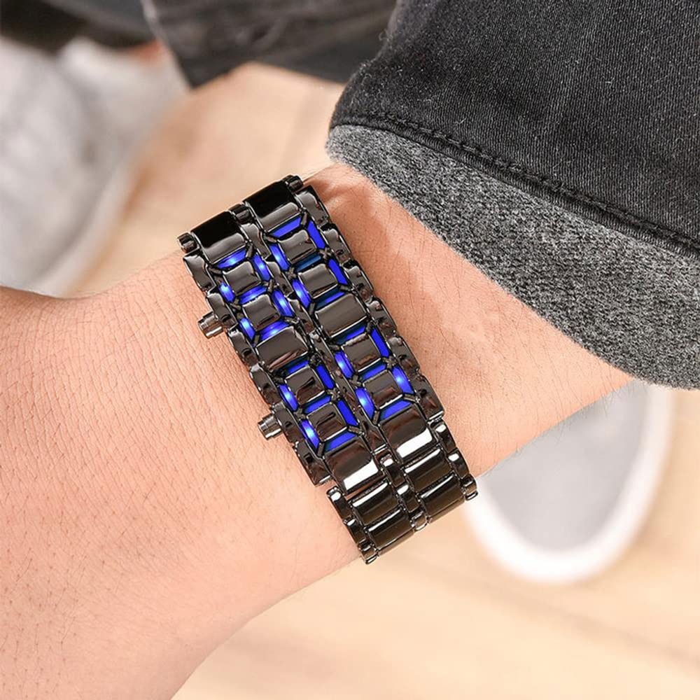 Classic Mens Binary Square LED Digital Watch Black Plated Wrist Watches (Black/red)