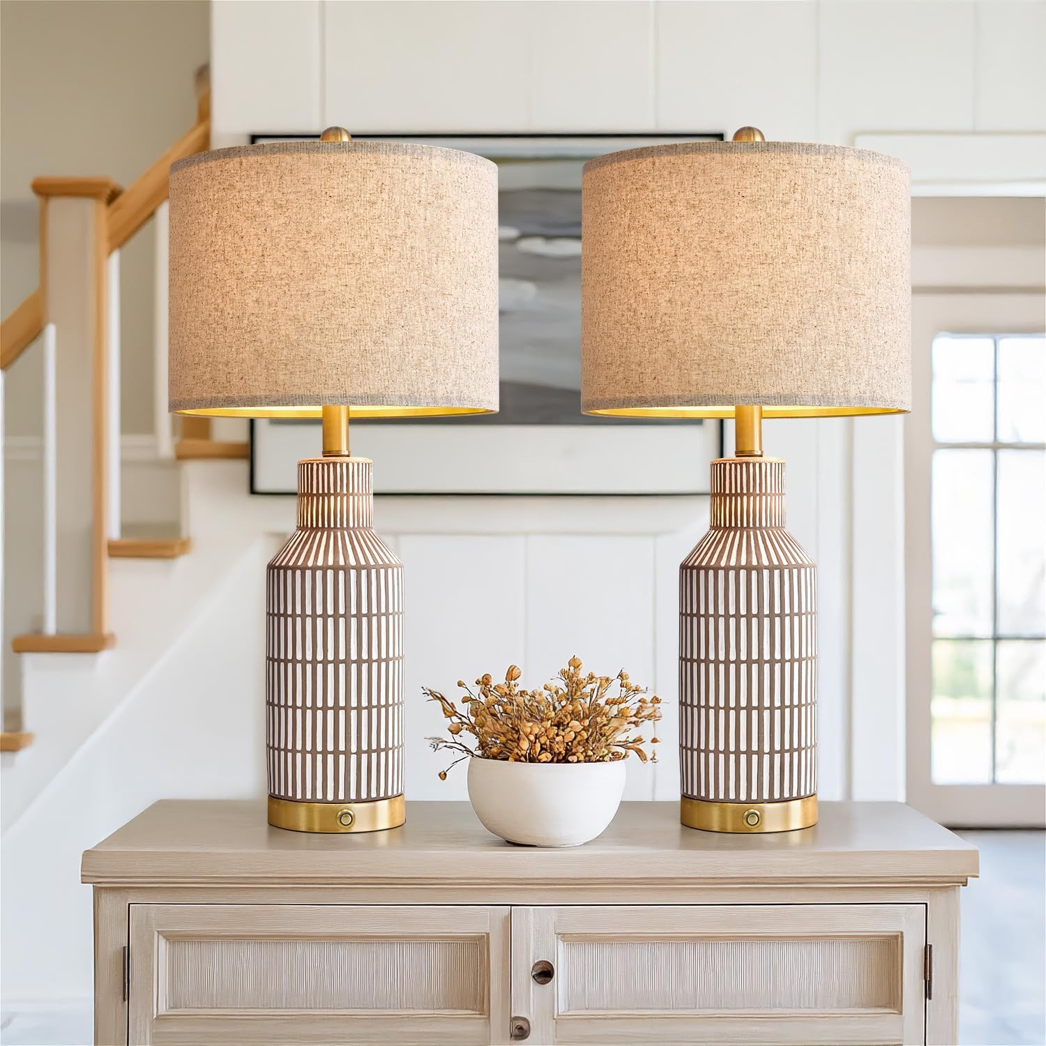 USumkky 25" Modern 3-Way Dimmable Touch Control with USB A+C Ceramic Lamps Set of 2 Table Lamp for Living Room Bedroom Farmhouse Nightstand Bedside Brown Image