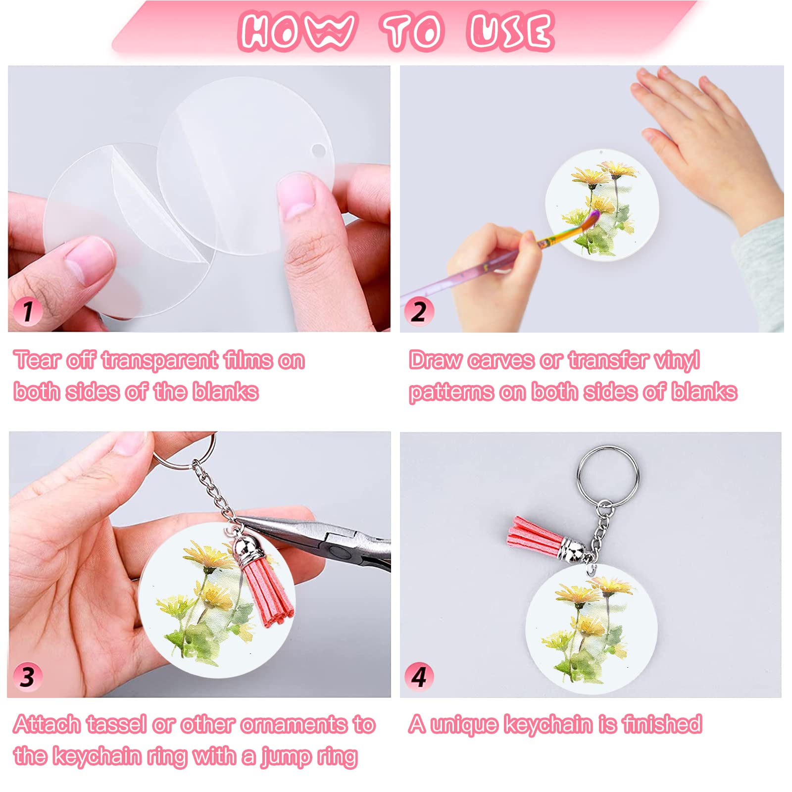ZYNERY 144 Pcs 2 Inch Acrylic Keychain Blanks Set with Key Rings,Clear Acrylic Key Chain Blanks for Cricut,Keychain Making Kit, Display Cards, Tassels, Jump Rings for DIY Key Chain Vinyl Crafting