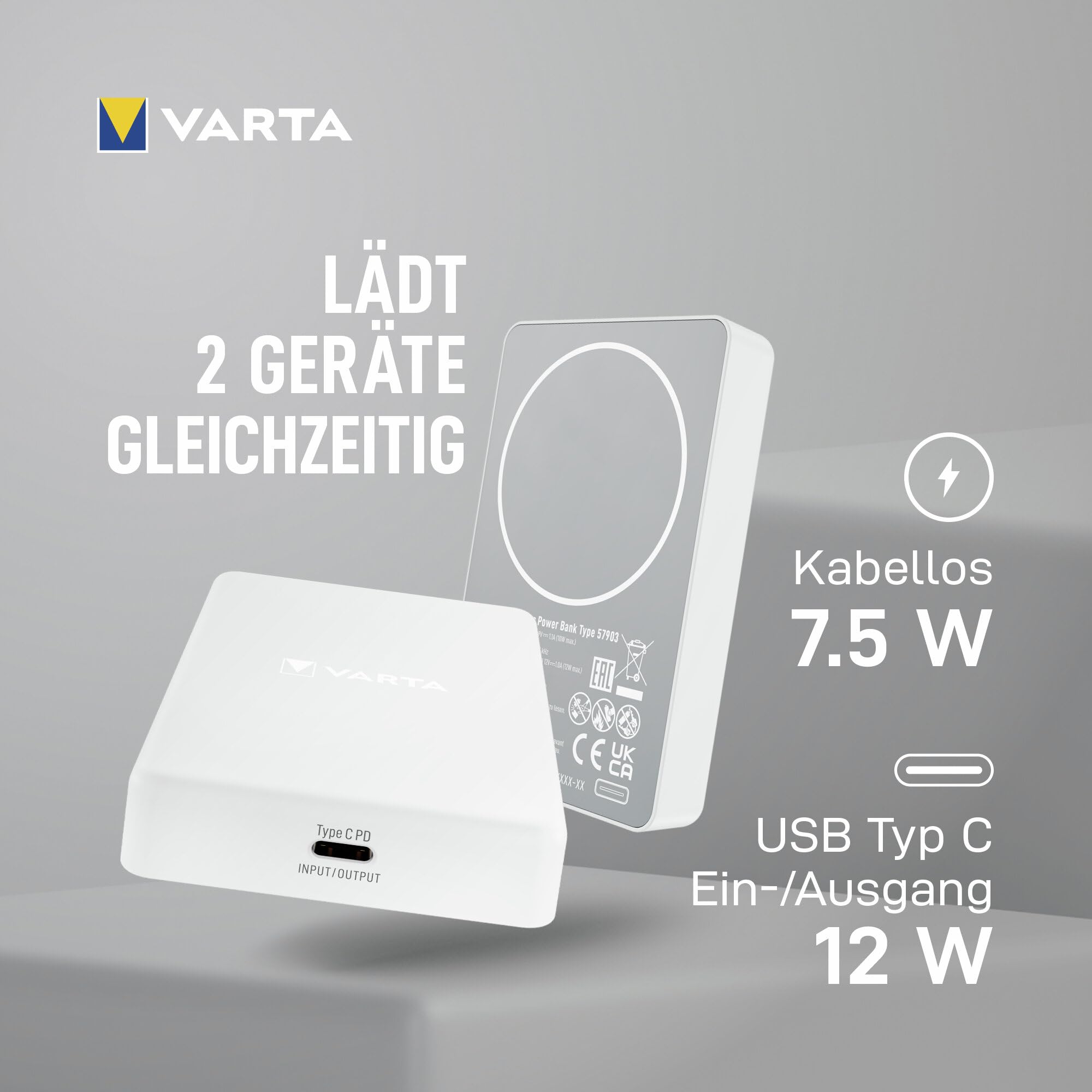 VARTA Power Bank 5.000mAh, magnetische kabellose Powerbank, Mag Pro, Wireless, 7,5W, Ladegerät mit USB Typ C, kompatibel mit MagSafe & Qi Standard (für Kompatibilität mit iPhones & Android), weiß 3