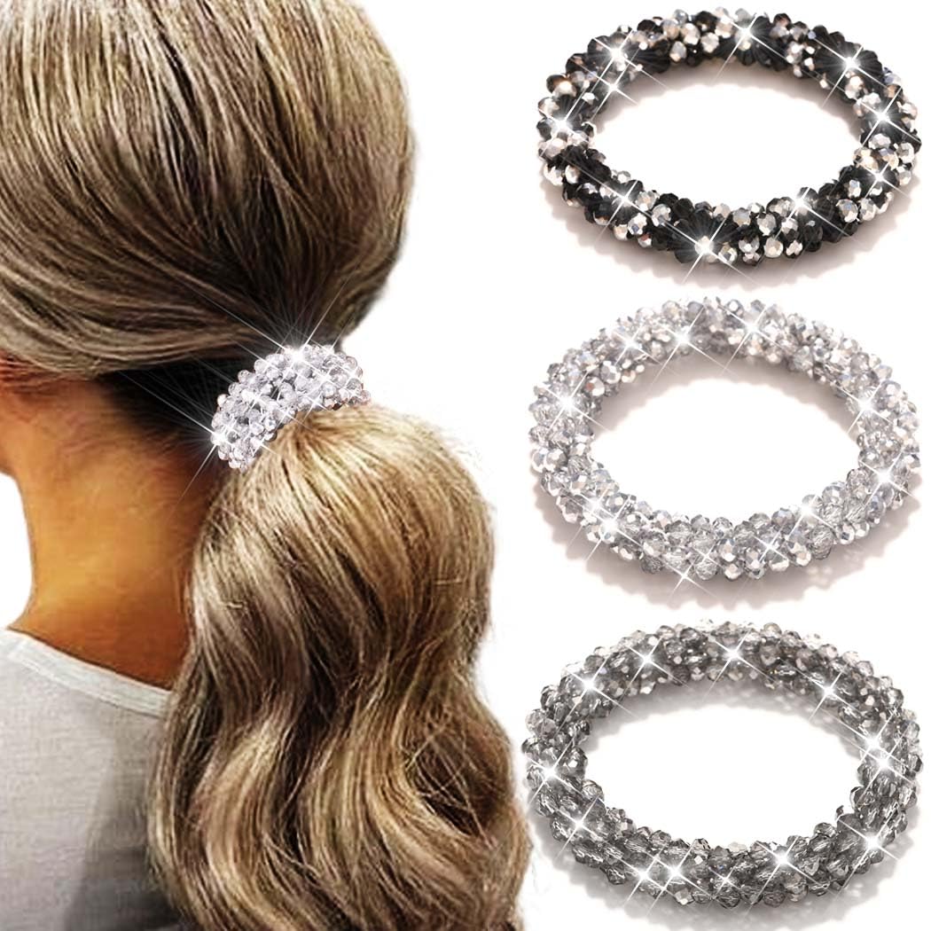 Reaky Rhinestone Hair Ties Silver Elastic Fancy Ponytail Holders Beaded Hair Scrunchies Hair Accessories for Women