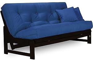 NIRVANA FUTONS Arden Dark Espresso (Near Black) Futon Set (Full or Queen Size), Armless Wood Futon Frame with Mattress Included (Twill Royal Blue), Space Saving Sofa Bed Sleeper