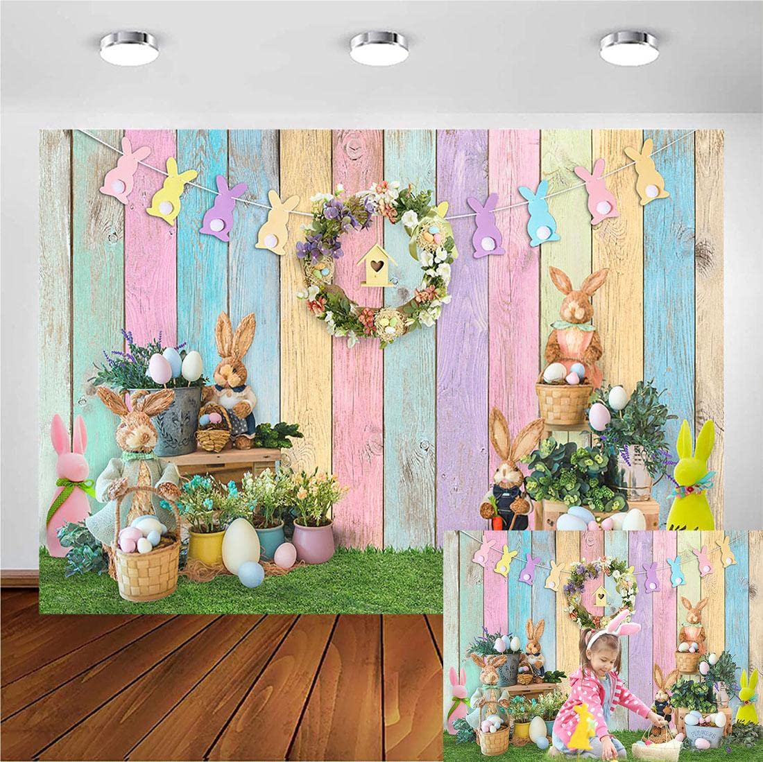 Avezano Spring Easter Backdrop Wooden Wall Easter Garland Holiday Decoration Background Bunny Rabbit Colorful Eggs Grass Backdrops Baby Shower Kids Portrait Party Banner (7x5ft)