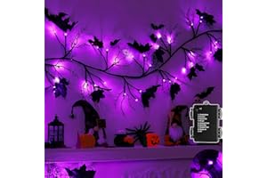 GRASTFU [ 8 Modes & Timer ] 6 FT 54 LED Halloween Garland Willow Vine Twig Decorations with Bats Purple Lights, Battery Operated Halloween Lights for Home Fireplace Mantle Wall Indoor Halloween Decorations