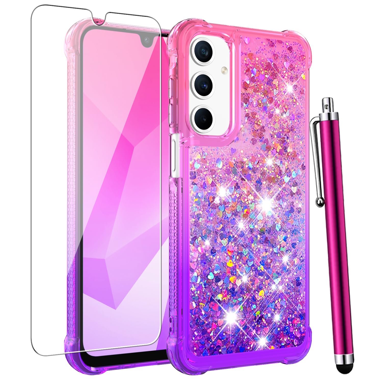 CAIYUNL for Samsung Galaxy A15 5G Case with Screen Protector, Women Girls Glitter Bling Liquid Floating Cute Phone Case Soft TPU Silicone Shockproof Protective Cover for Samsung A15 5G -Pink Purple