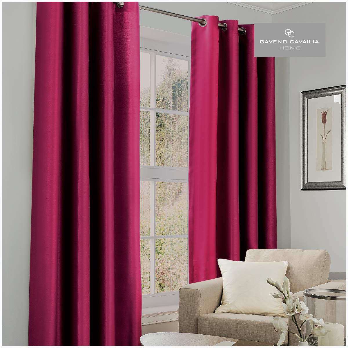 Gaveno Cavailia Blackout Eyelet Curtains Fuchsia, 100% Polyester Ring Top Drapery with Matching Tie Backs, Two 66"x54" Thermal Panels, Easy Care Window Treatment, (168 x 137 cm)