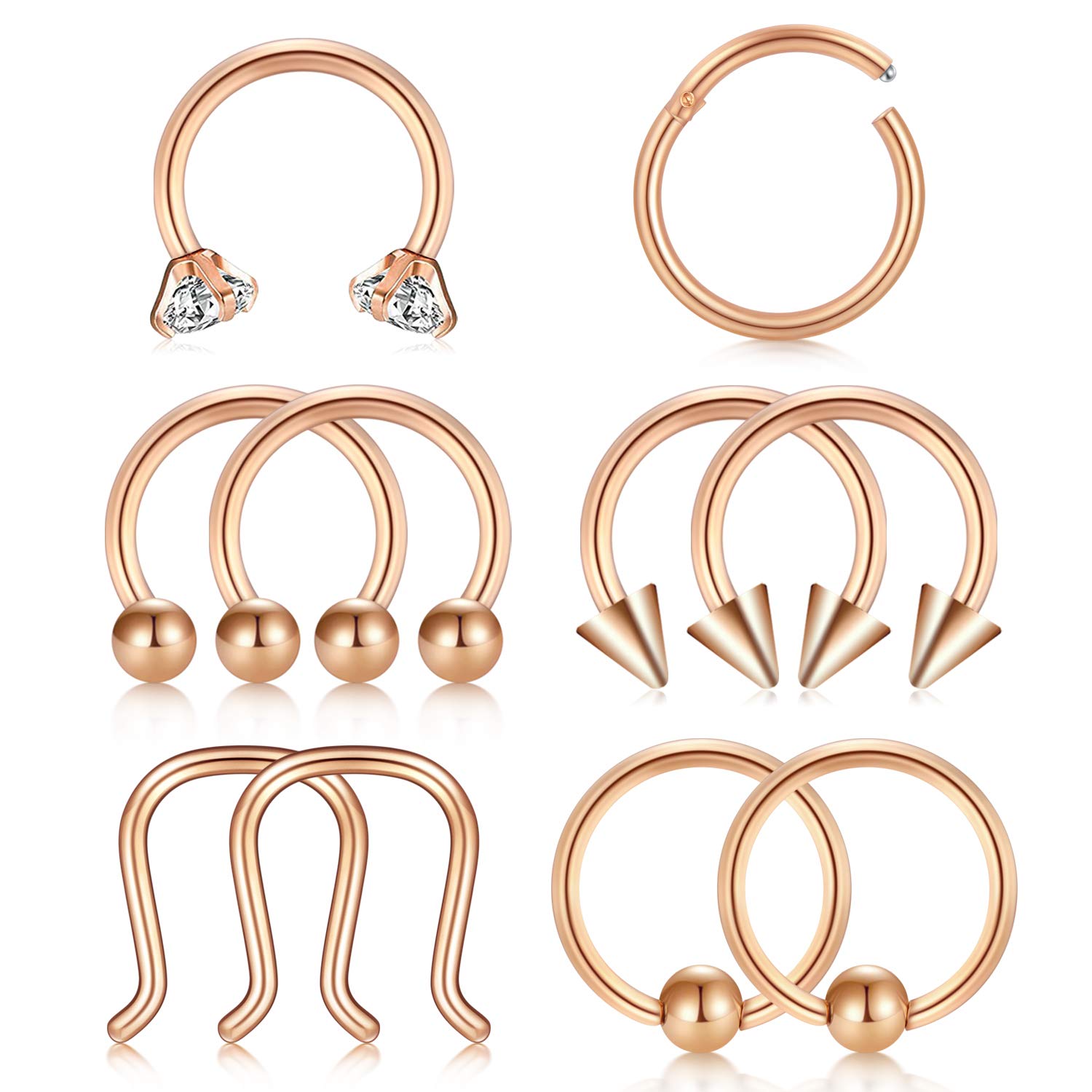 AVYRING Septum Rings 16G Stainless Steel Women Helix Cartilage Hoop Earrings Segmnrt Ring Horseshoe Conch Jewellery for Women 10 Pieces-Rose gold