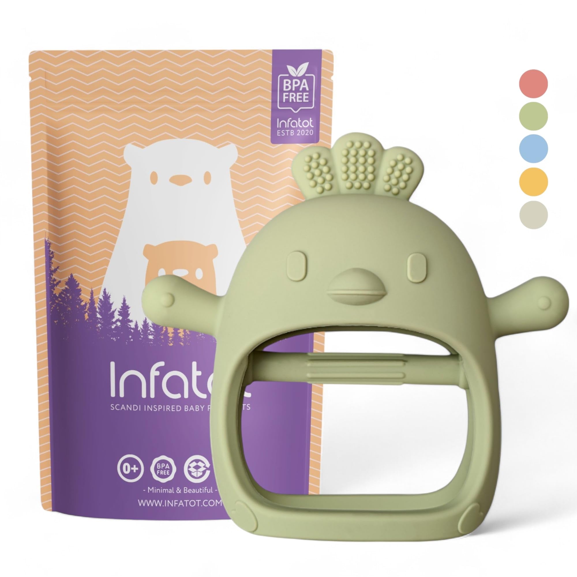 Infatot® Teething Toys for Baby Gifts – Chicken Silicone Mitten Teether, Soothing Glove for Infants, Baby Toys 0-6 Months, Soft Chewable Teether Toy to Prevent Finger Sucking, Olive — image 1