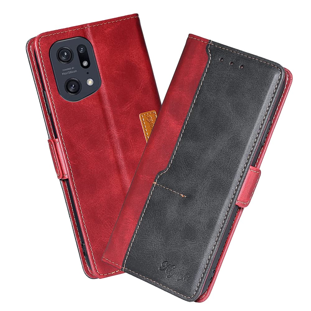 XITEN Protective Phone Case for Oppo Find X5 Pro, PU/TPU Vintage Flip Leather Shockproof Cover Magnetic Book Style Wallet, Red