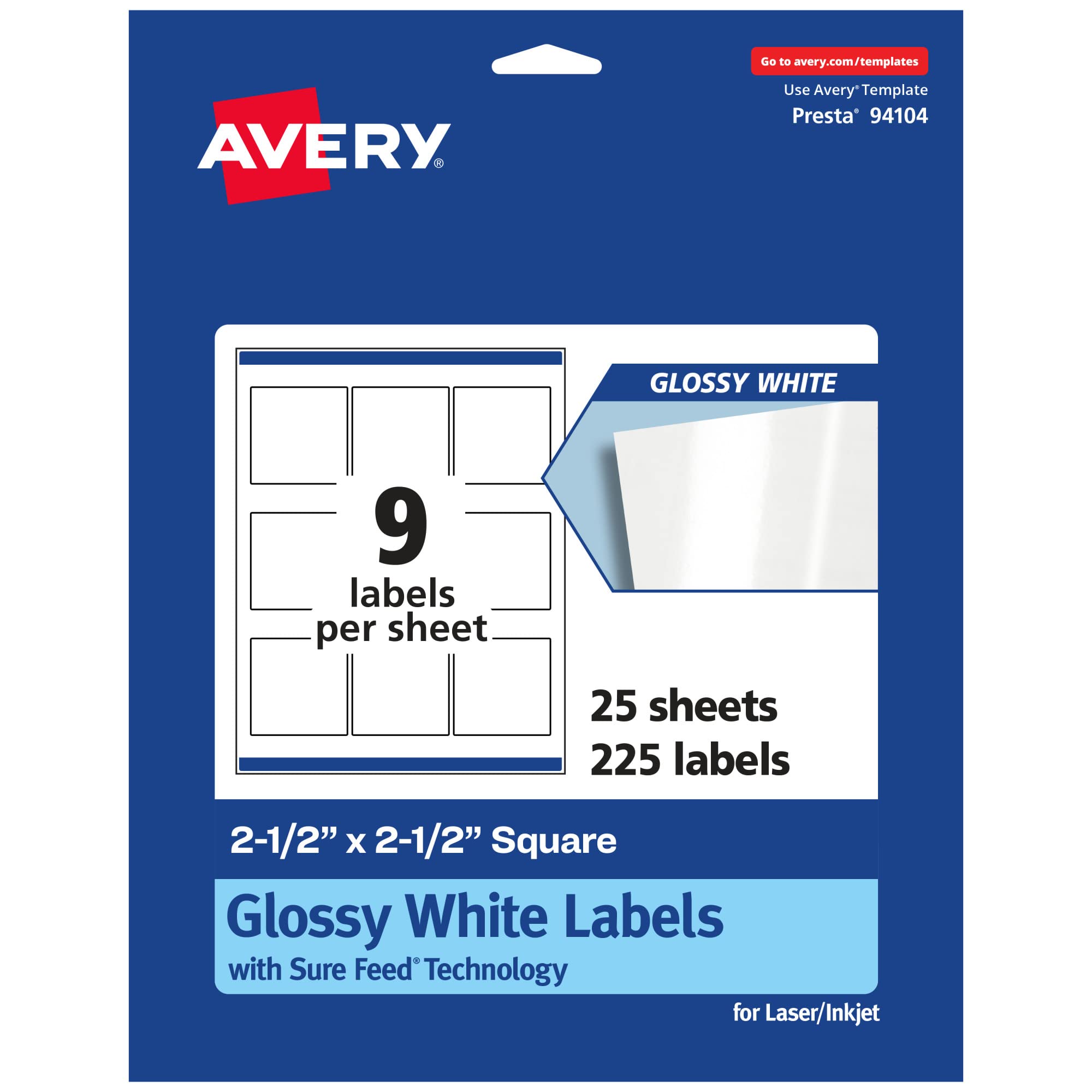 Avery Glossy White Square Labels, Sure Feed Technology, 2.5″ x 2.5″, 225 Glossy White Labels, Permanent Adhesive, Laser/Inkjet Printable