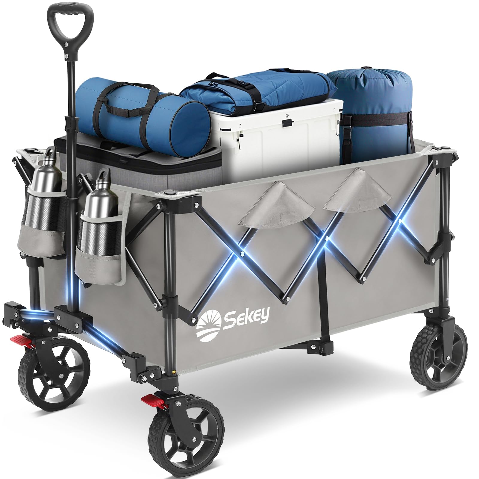 Sekey Collapsible Foldable Wagon with 330lbs Weight Capacity, Heavy Duty Folding Wagon Cart with Big All-Terrain Wheels & Drink Holders. Gray Image