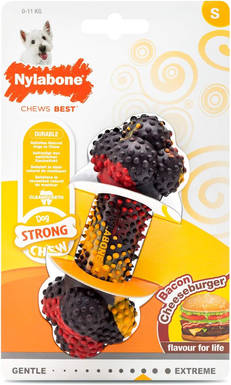 Nylabone Strong Tough Durable Rubber Dog Chew Toy Bone, Bacon Cheeseburger Flavour, Small, for dogs up to 11kg