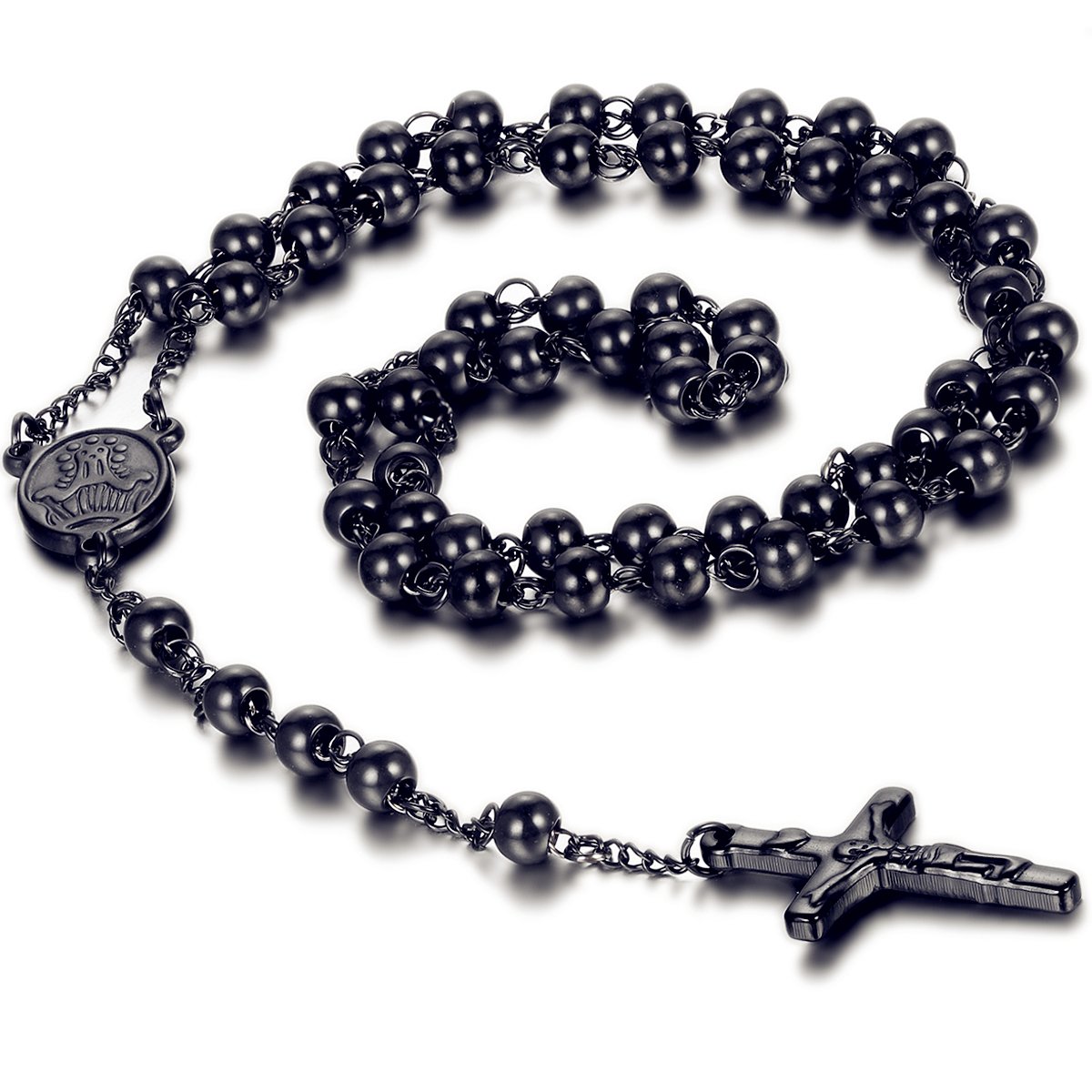 Flongo Catholic Rosary Beads Necklace: Black Stainless Steel Necklace with Crucifix Cross Pendant Classic 6mm Beads Necklace with Long Chain Christian Amulet for Men Women