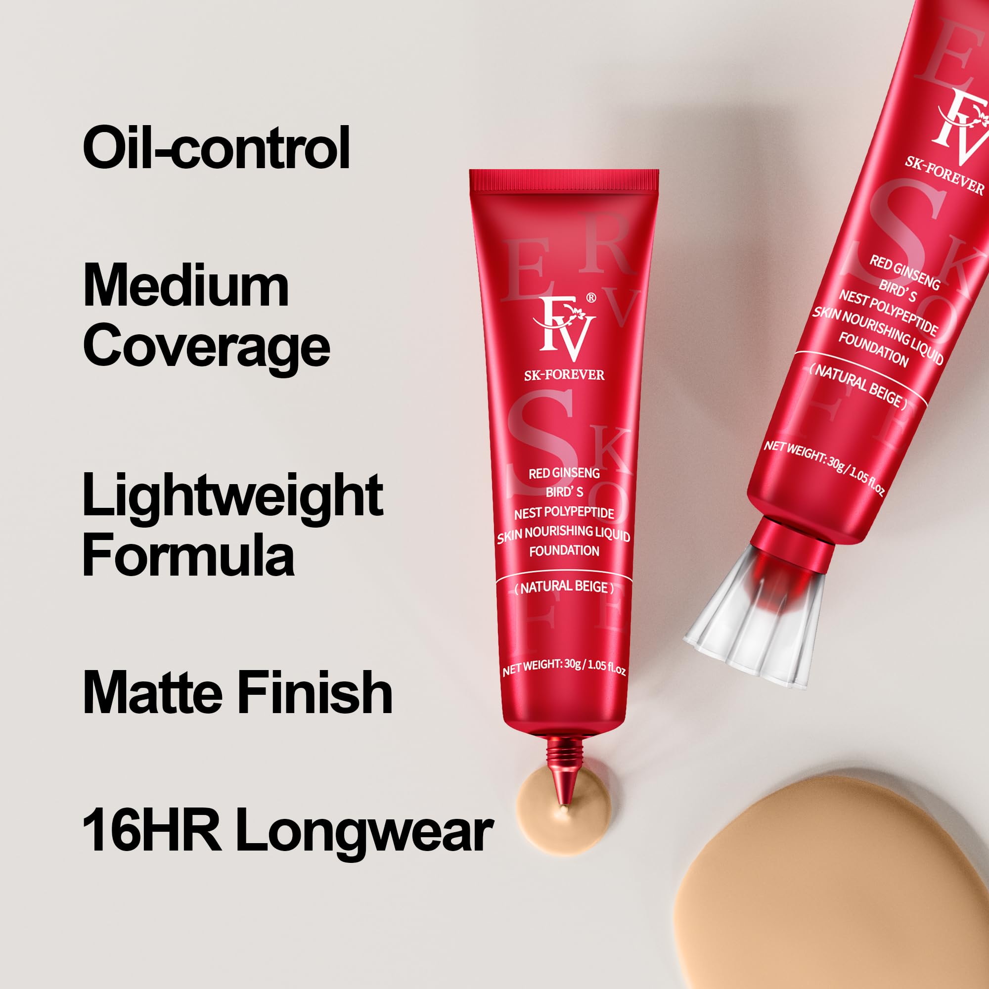 FV Waterproof Foundation, Medium Coverage, Oil-free & Long Lasting, Lightweight, Matte Foundation for Oily/Normal Skin, Transfer Proof Liquid Foundation Makeup, 30g, Natural Beige