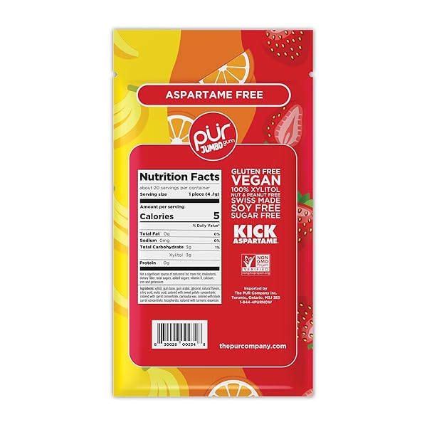 PUR JUMBO GUM | ASPARTAME FREE CHEWING GUM | 100% XYLITOL | NATURAL STRAWBERRY, BANANA, ORANGE FLAVOR, 20 PIECES (PACK OF 1)