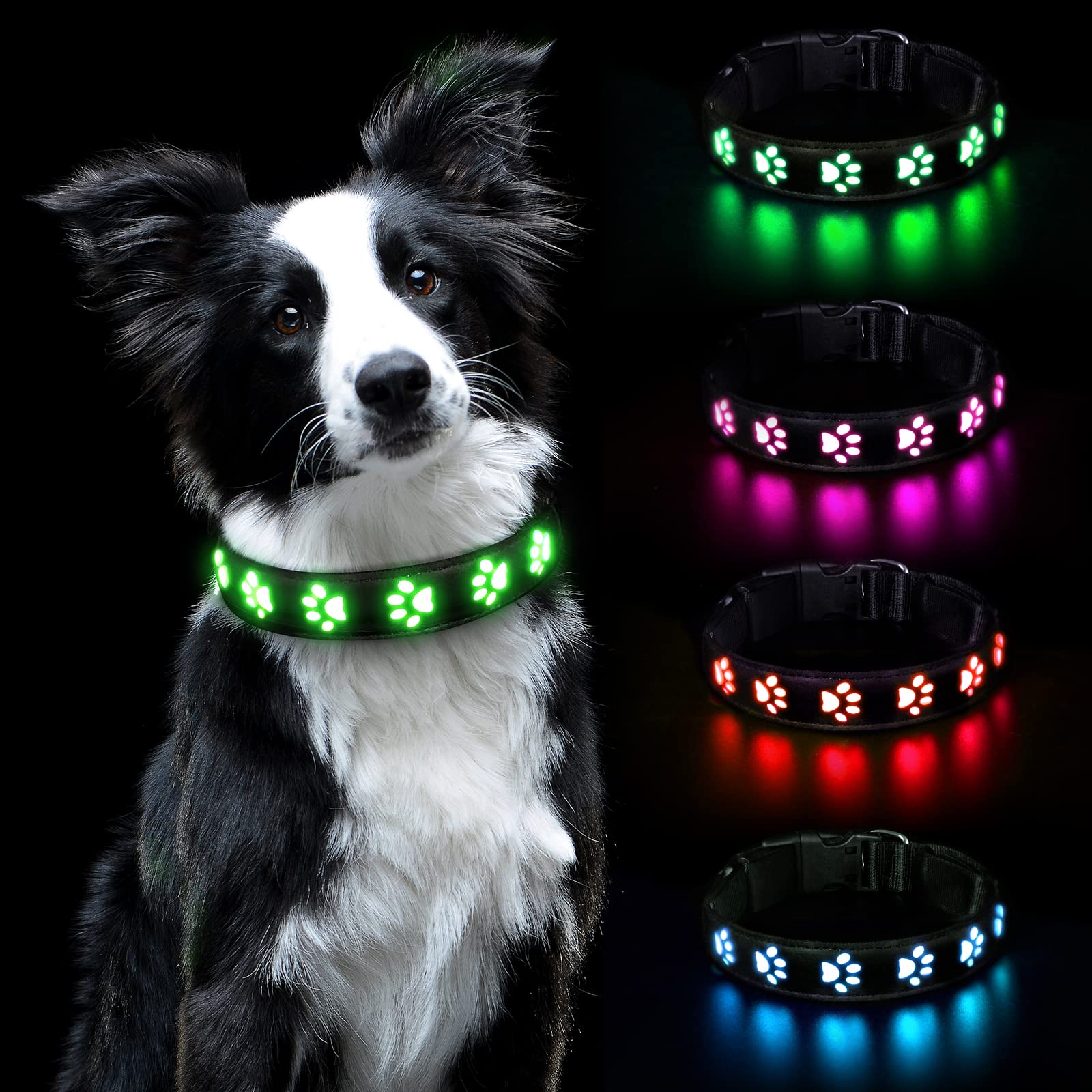 AUAUY Light Up Dog Collar, LED Dog Collar Light USB Rechargeable, Waterproof Flashing PVC Leather Adjustable Glowing Super Bright Dog Light Up Collar for the Dark for Small Medium Large Dogs (Green-S)