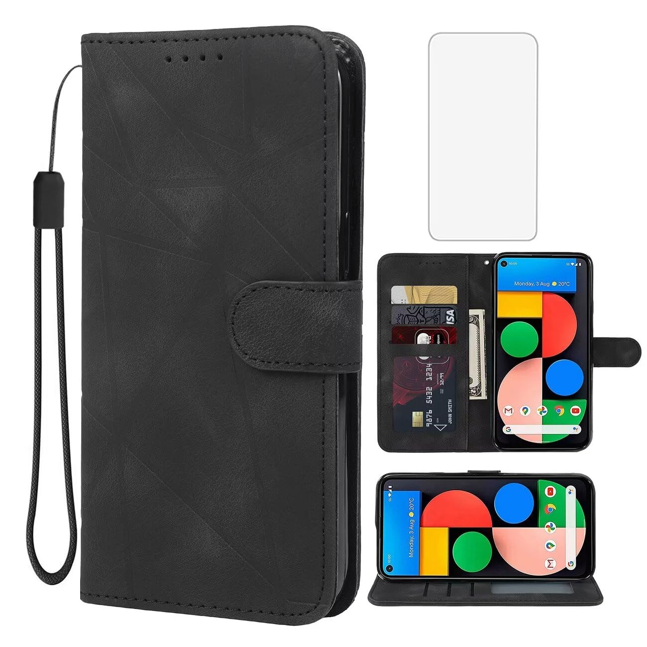 Wanyuexes Case for Pixel 4A 5G Case, Pixel 5XL G025I Wallet Case with Tempered Glass Screen Protector, Skin Feel PU Leather Flip Folio Credit Card Holder Stand Phone Cover for Google Pixel 4A 5G Black