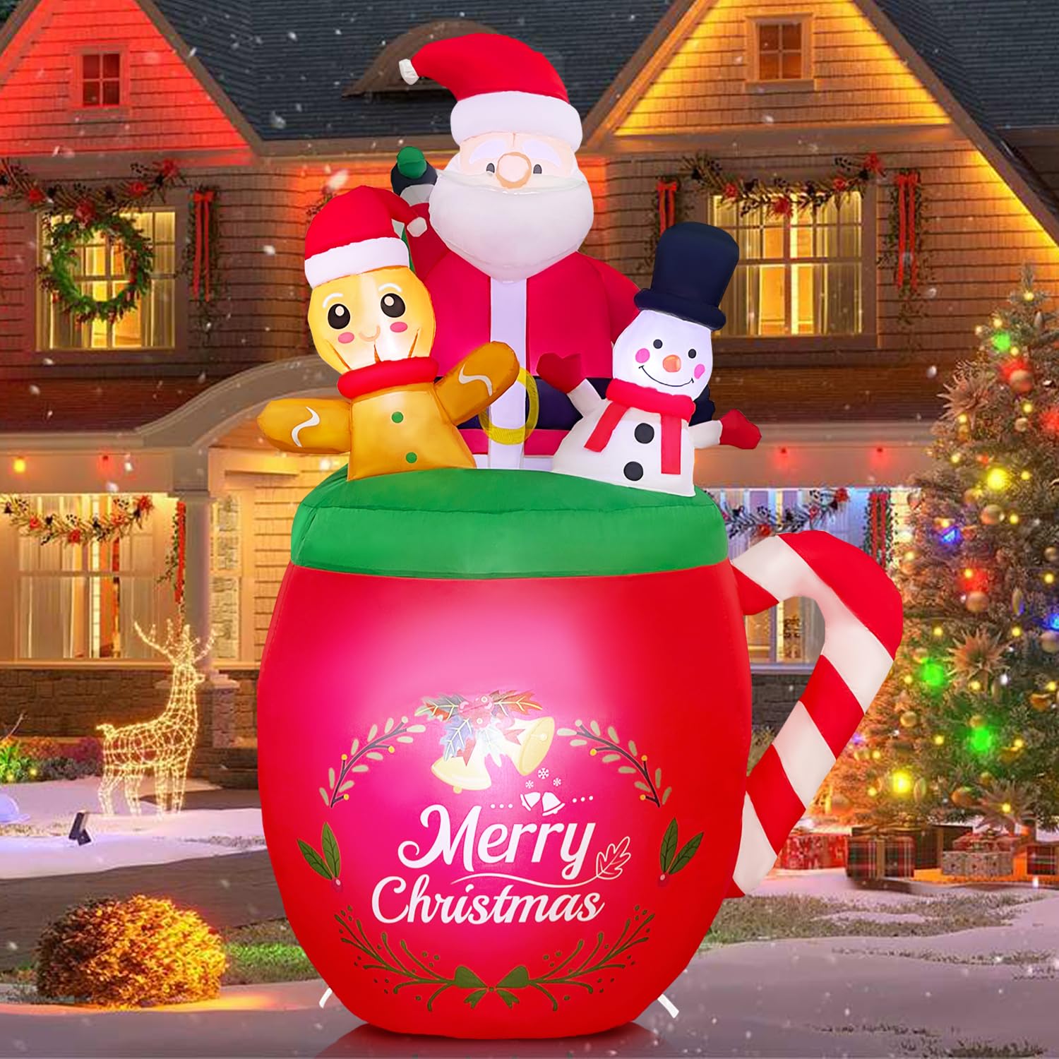 Photo 1 of Christmas Inflatables Outdoor Decorations 6FT Blow Up Santa Claus Gingerbread Man Snowman in Xmas Mug for Outdoor Christmas Decorations