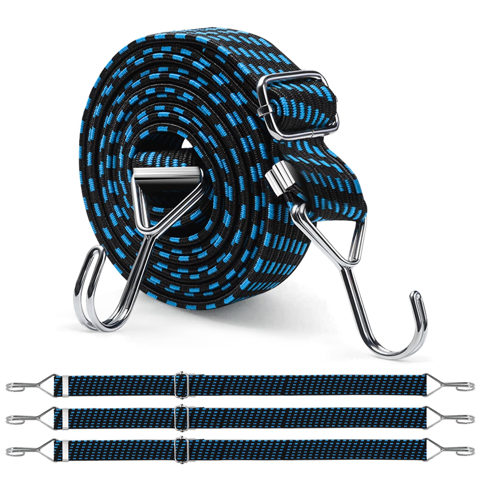Newthinking 2M Adjustable Bungee Cords with Hooks, 4 Pack Blue Heavy Duty Flat Bungee Cords Elastic Straps for Bicycles Camping Tent Luggage Fixing
