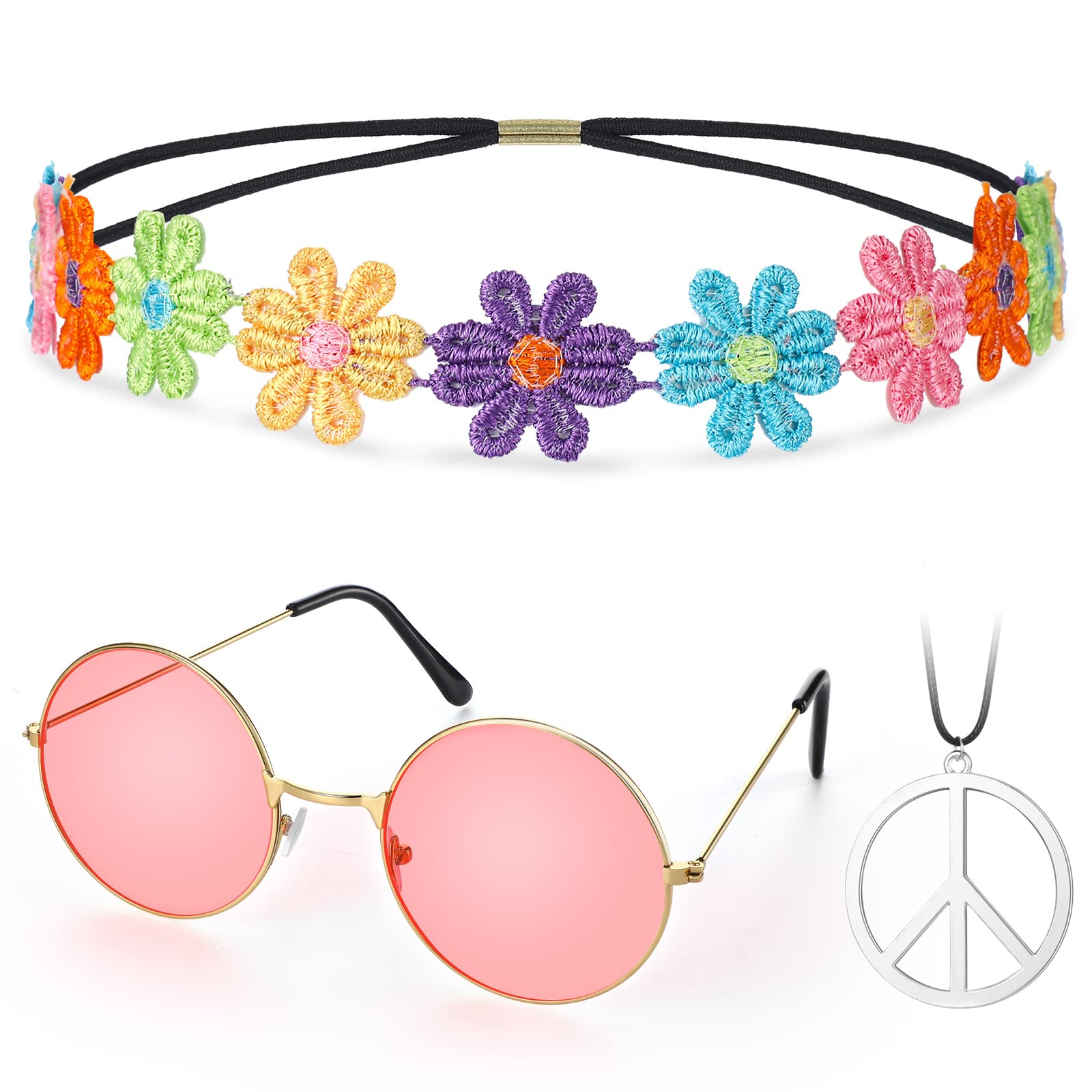 Fiada Hippie Costume Set 60's Style Circle Glasses Peace Sign Necklace Daisy Sunflower Headbands for Women Men Dressing Accessory Hippie Party Supplies (Pink, Colorful)