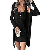 Floerns Women's Casual 2 Piece Outfits Henley Ribbed Knit Tank Bodycon Mini Dress Lightweight Cardigan Sweater Shrugs