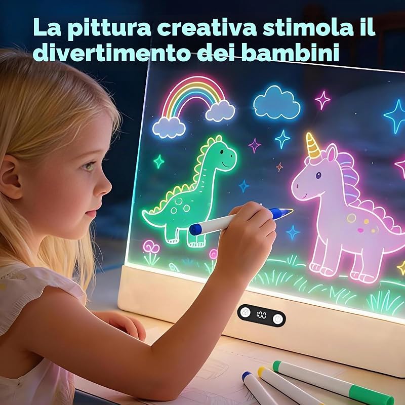 Tavola da Disegno a LED,35x26 cm Tavoletta Grafica Bambini Ricaricabile,8 Colori,3 Modalità,Lavagna Luminosa per Disegnare,Tavola Arte Neon Cancellabile per Appunti,Scarabocchiare-Bianco — foto 5 di 8