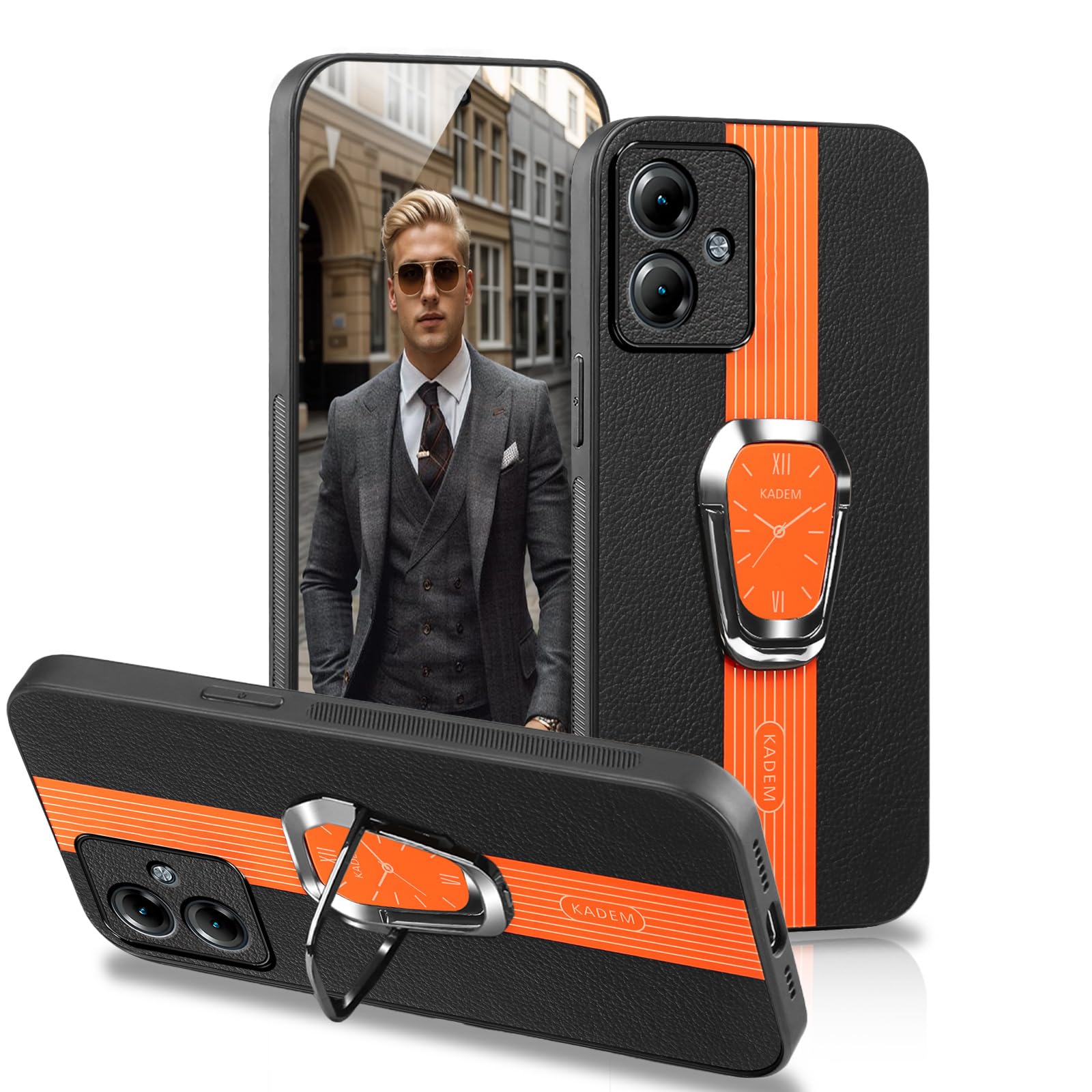 DESSEN Phone Case for Motorola Moto G14 with Unique Watch Dial Design and Ring Stand Premium Leather Cover Compatible with Magnetic Bracket Shockproof Drop Protection Bumper Shell, Orange