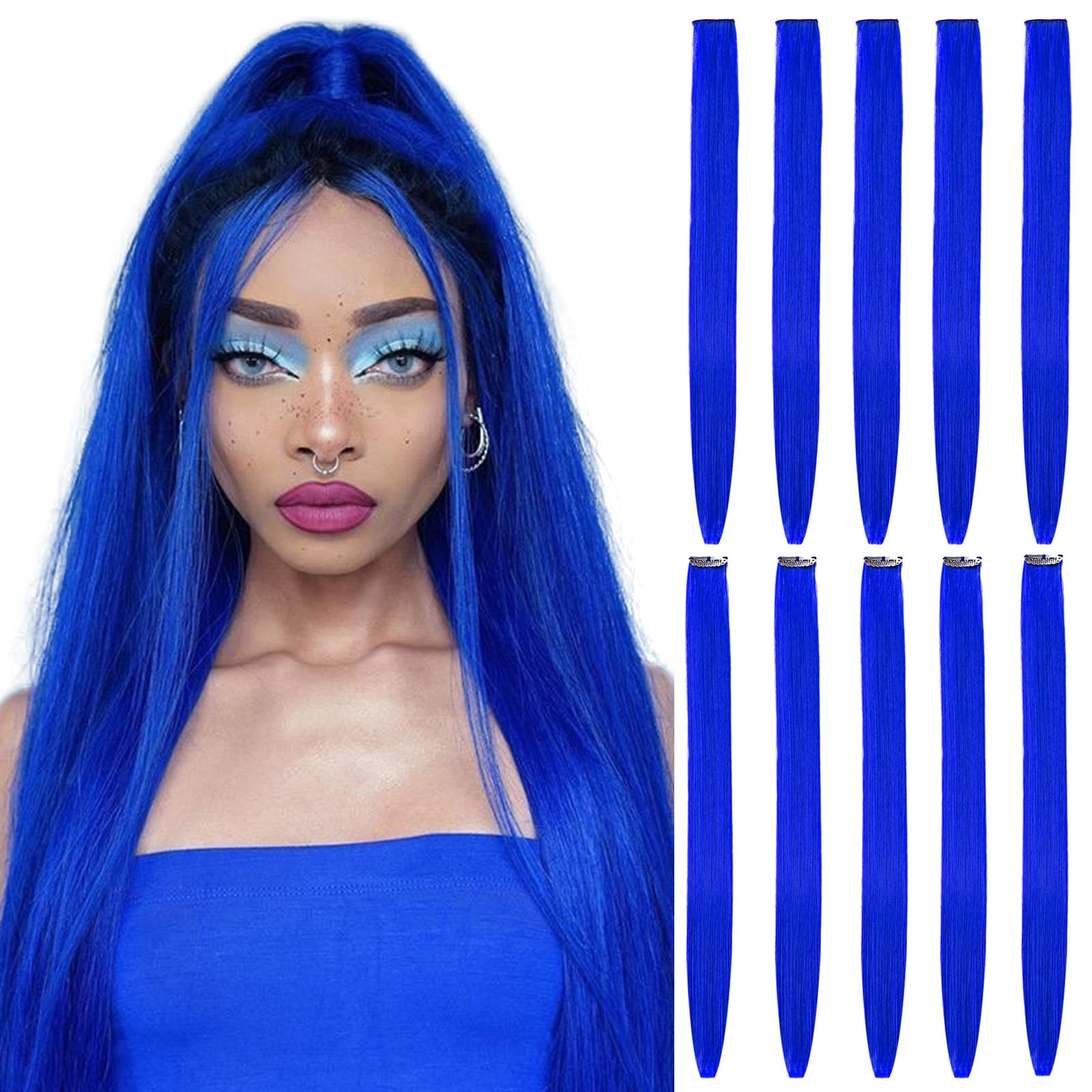 BEAUTY ON LINE 10 Pcs Clip in Hair Extensions, 22 Inch Colored Hair Extensions Party Highlights Long Straight Synthetic Hairpieces for Women/Kids/Girls(Blue Color)