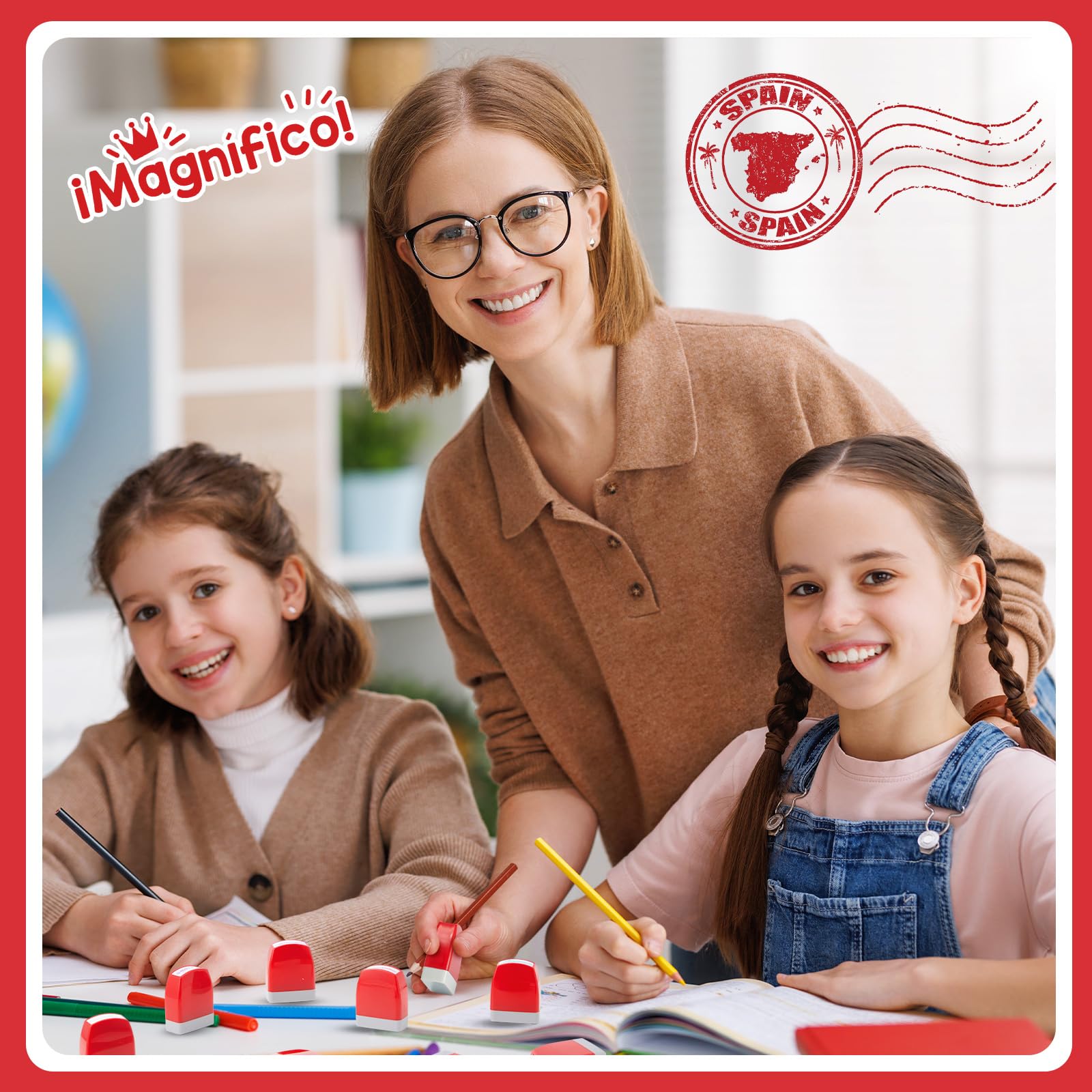 Qilery 8 Pcs Teacher Stamp Spanish Grading Gifts Rubber Self Inking Motivation for School Spanish Classroom Grading Stamp Kids School Prizes(Red,Stylish)