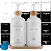 White Glass Soap Dispenser - Hand Dish Soap Dispenser Set for Kitchen, Bathroom with Sturdy Pump and Tray, 14 Waterproof Labels,Refillable Soap Lotion Dispenser-White