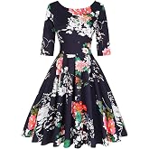MINTLIMIT Women's 1950s Retro Vintage Cocktail Party 3/4 Sleeve Swing Dress | 3/4 Sleeve,Round Neck,Swing A-line,Breathable Cotton Fabric,Midi Length,Cocktail Party Outfit,Rockabilly Pinup Clothes