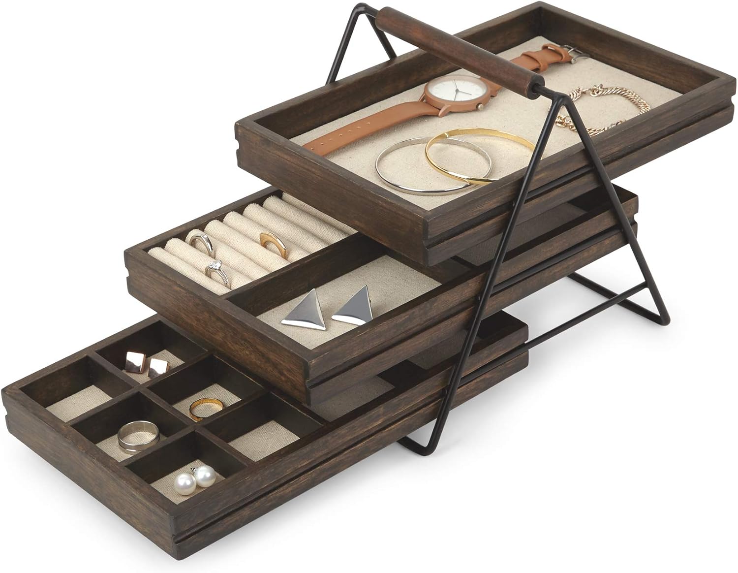 Umbra 1004037-048 Terrace Jewelry Tray – Three-Tier Jewelry Tray With Three Sliding Linen Lined Wood Trays With Metal Frame and Handle, Easy Storage and Access, Black/Walnut Finish: Home & Kitchen