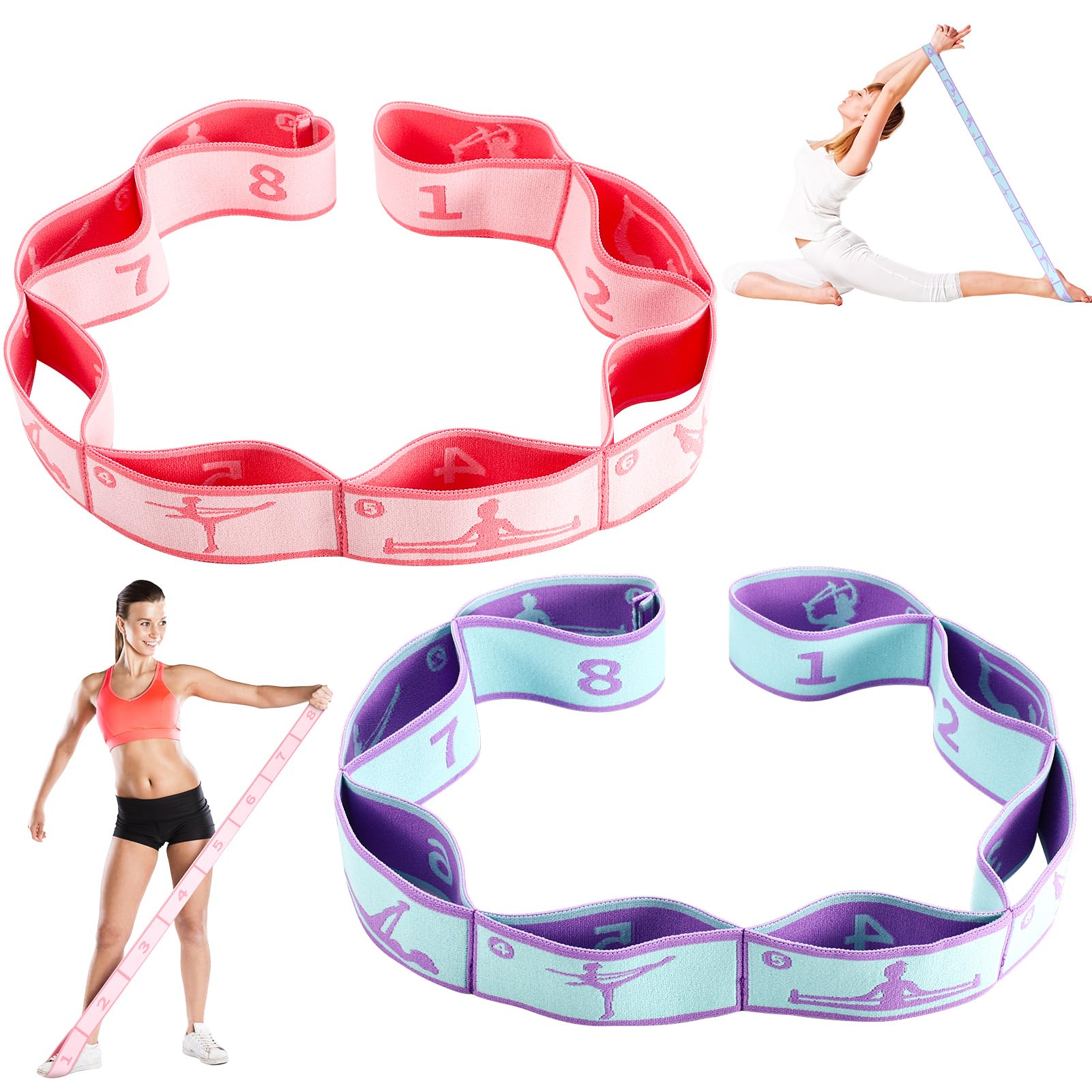 2Pcs Stretching Bands Gymnastics Stretch Band Yoga Straps with 8 Adjustable Loops for Stretching,Leg Stretcher Strap Yoga Pull Strap Flexstrap for Pilates,Dance,Gymnastics Exercise