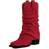 HICLOTSA Cowboy Boots for Women Cowgirl Boots Mid Calf Square Toe Fold Over Chunky Heel Slouchy Suede Boots