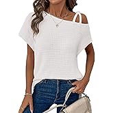 Dokotoo Womens Summer Tops Off One Shoulder Waffle Knit Short Sleeve T-Shirts Casual Lightweight Solid Color Blouses
