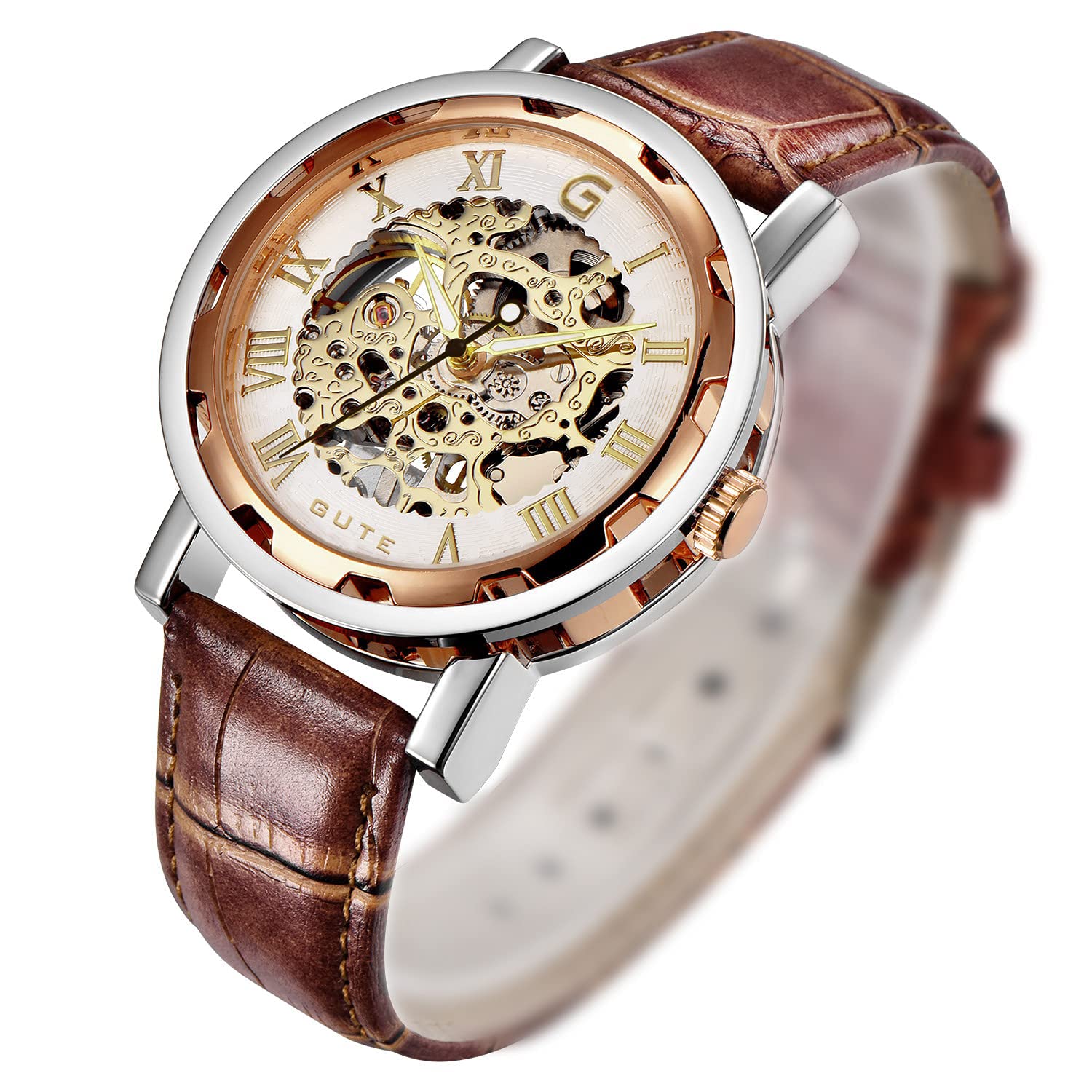 Gute Steampunk Men’s Skeleton Mechanical Wrist Watch Hand Wind Analogue Roman Numeral Brown Leather Strap Luminous Hands Rose Golden Dial