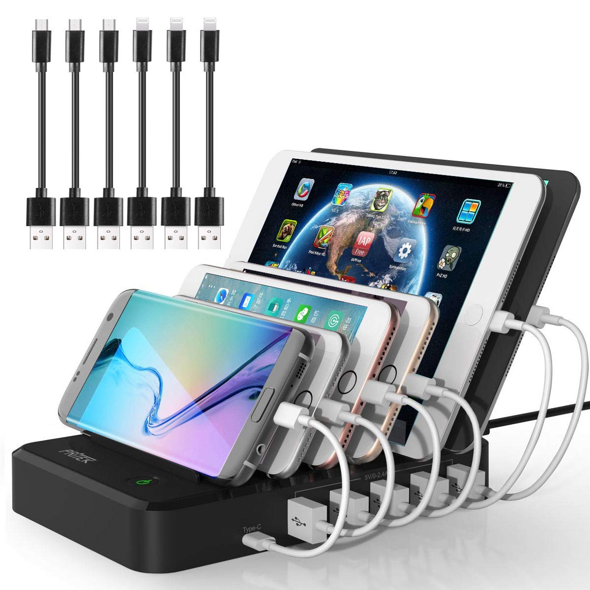 PRITEK USB Charging Station with 6pcs Short USB Cables Smart IC USB