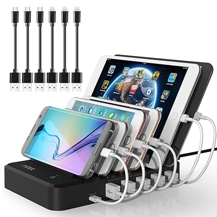 PRITEK USB Ladestation mit 6pcs Kurze USB Kabel Smart IC USB Ladegerät Organizer für Mehrere Geräte Mobil Telefon Tablet Kopf