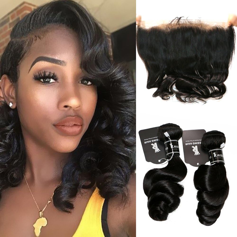 RISSING Brazilian Loose Wave 360 Lace Frontal With 2 Bundles, Frontal Closure With Bundles Natural Hairline With Baby Hair Loose Wave Pre Plucked Remy Hair Natural Color (12”14” With 360 Frontal 10”)