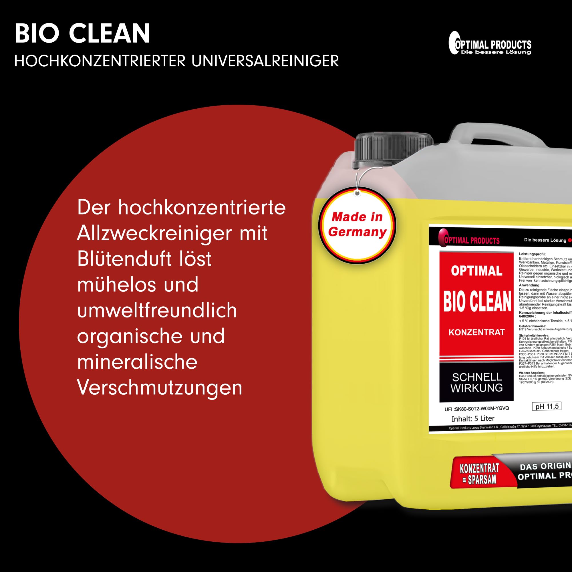 Optimal Products Allzweckreiniger Konzentrat Bio Clean I Putzmittel extra stark zur Entfernung von hartnäckigem Schmutz & Ölen an Motoren uvm. I 5L 3