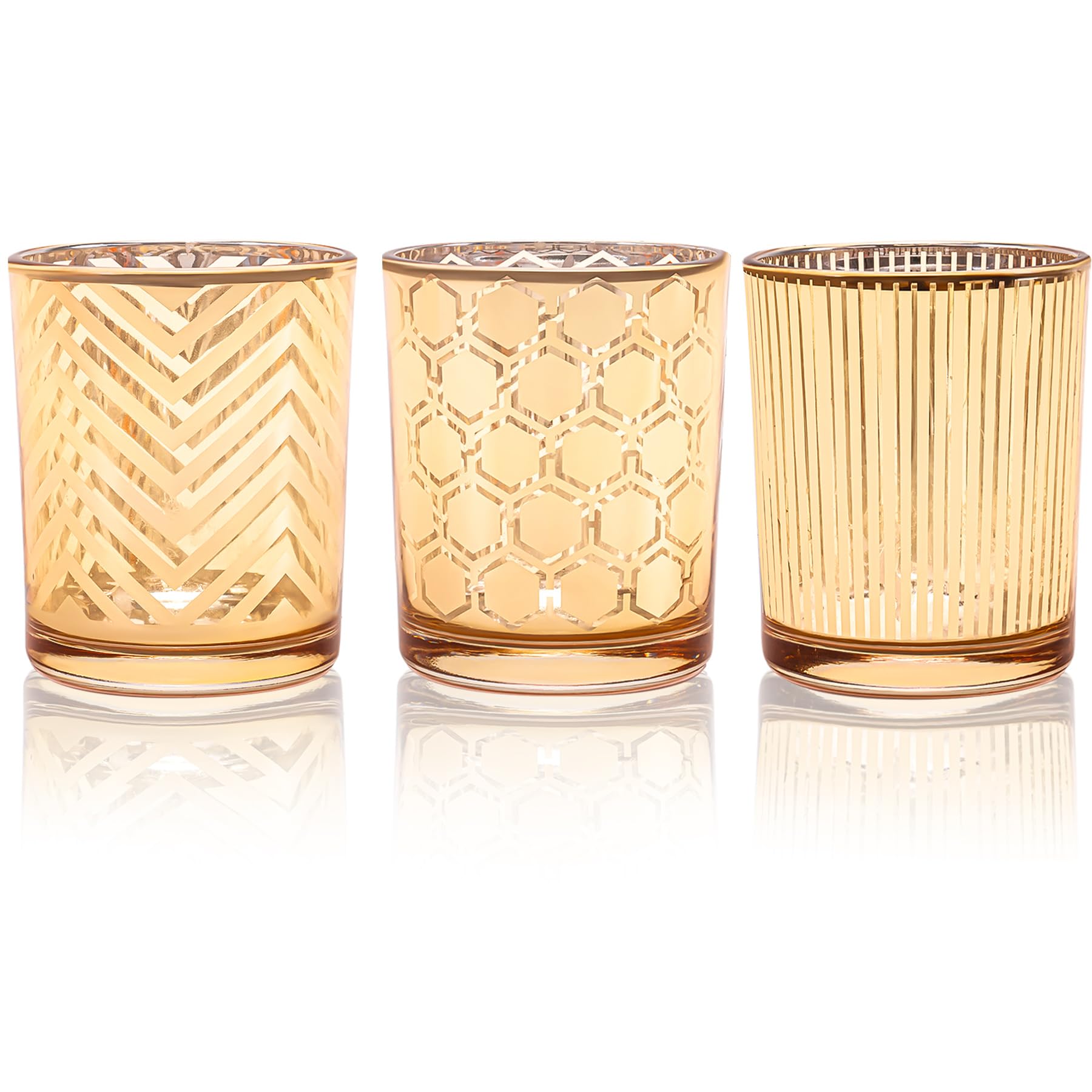 Toptime Tea Light Candle Holders, Gold Votive Candle Holder Set of 3, Glass Tealight Holders with Stripe Honeycomb Wavy Lines Pattern, Romantic Table Centrepiece for Wedding, Party, Home Decor