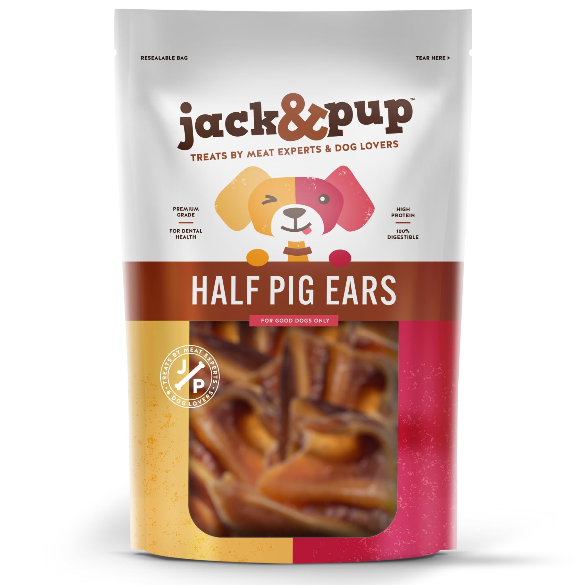 Jack&Pup Half Pigs Ears for Dogs | Single Ingredient, Natural Dog Chews | Grain Free Dog Treats for Large Dogs to Small (18 Count)