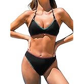 CUPSHE Women's Bikini Sets Two Piece Swimsuit V Neck Halter Stitching Back Hook Cutout Straps Mid Rise