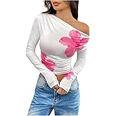 SweatyRocks Women's Y2k Floral Off The Shoulder Crop Tops Ruched Long Sleeve Going Out Shirts