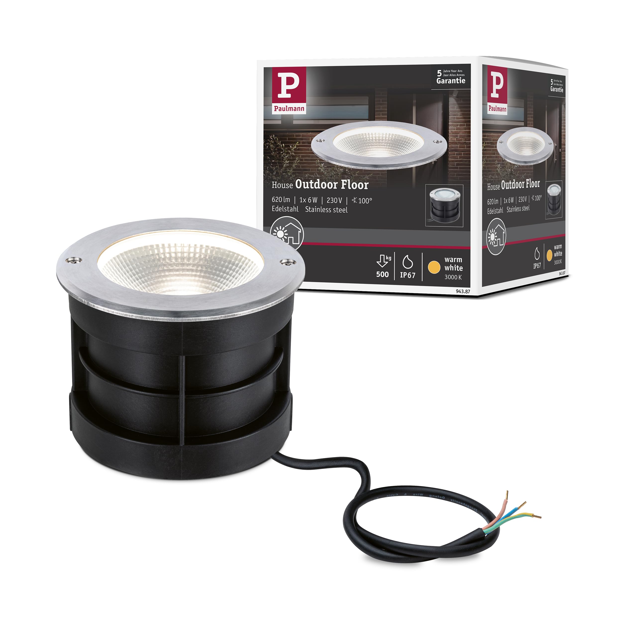 Paulmann 94387 Floor LED outdoor luminaire recessed floor luminaire IP67 incl. 1x6W stainless steel outdoor lamp stainless steel, aluminium 3000K
